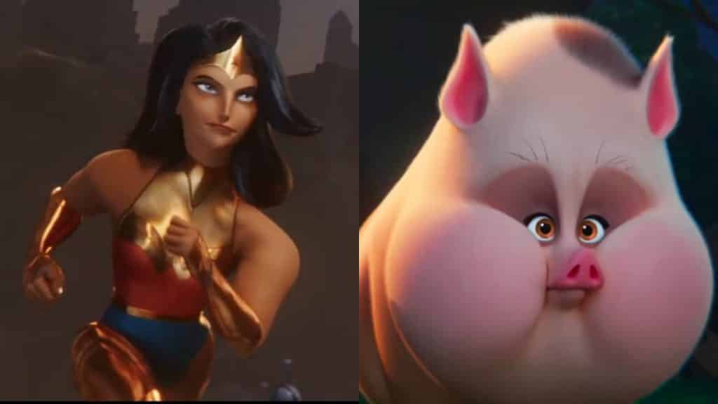 Wonder Woman and PB the pig, two DC League of Super-Pets characters