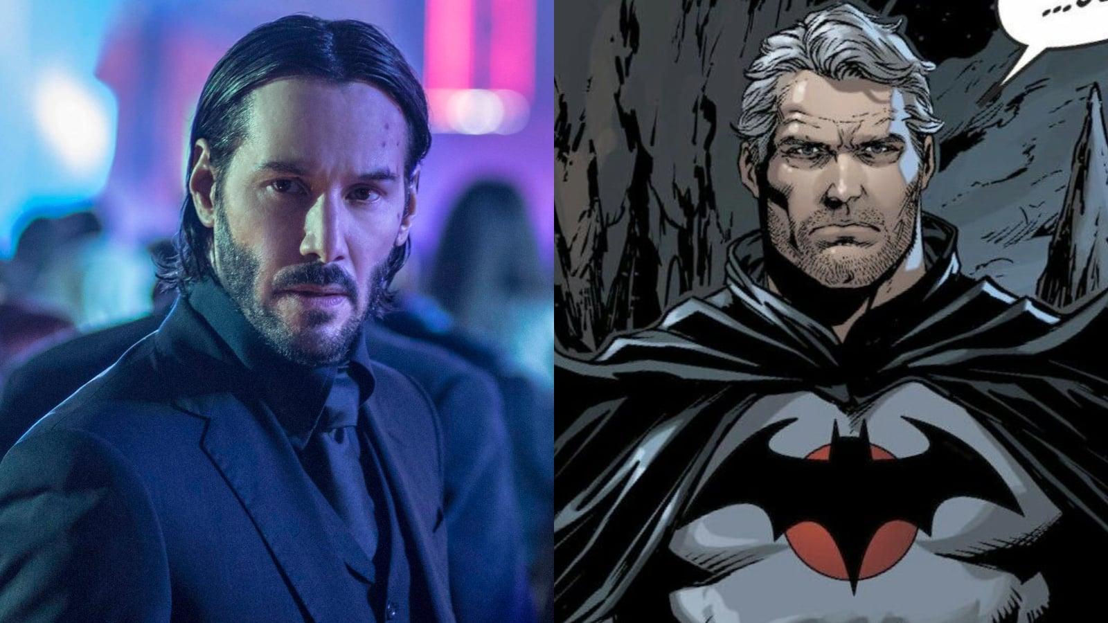 Keanu Reeves as John Wick and an image from a Batman DC comic