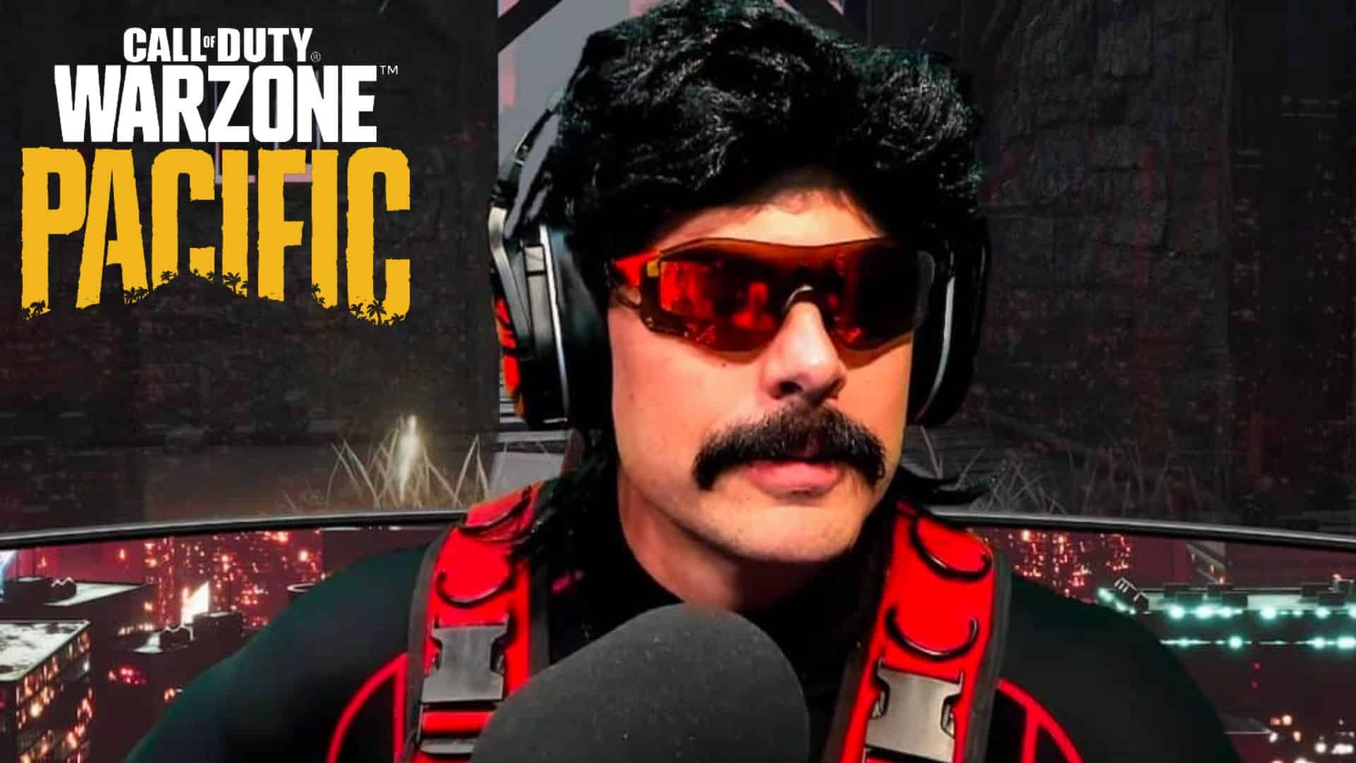 Dr Disrespect looking annoyed next to Warzone logo