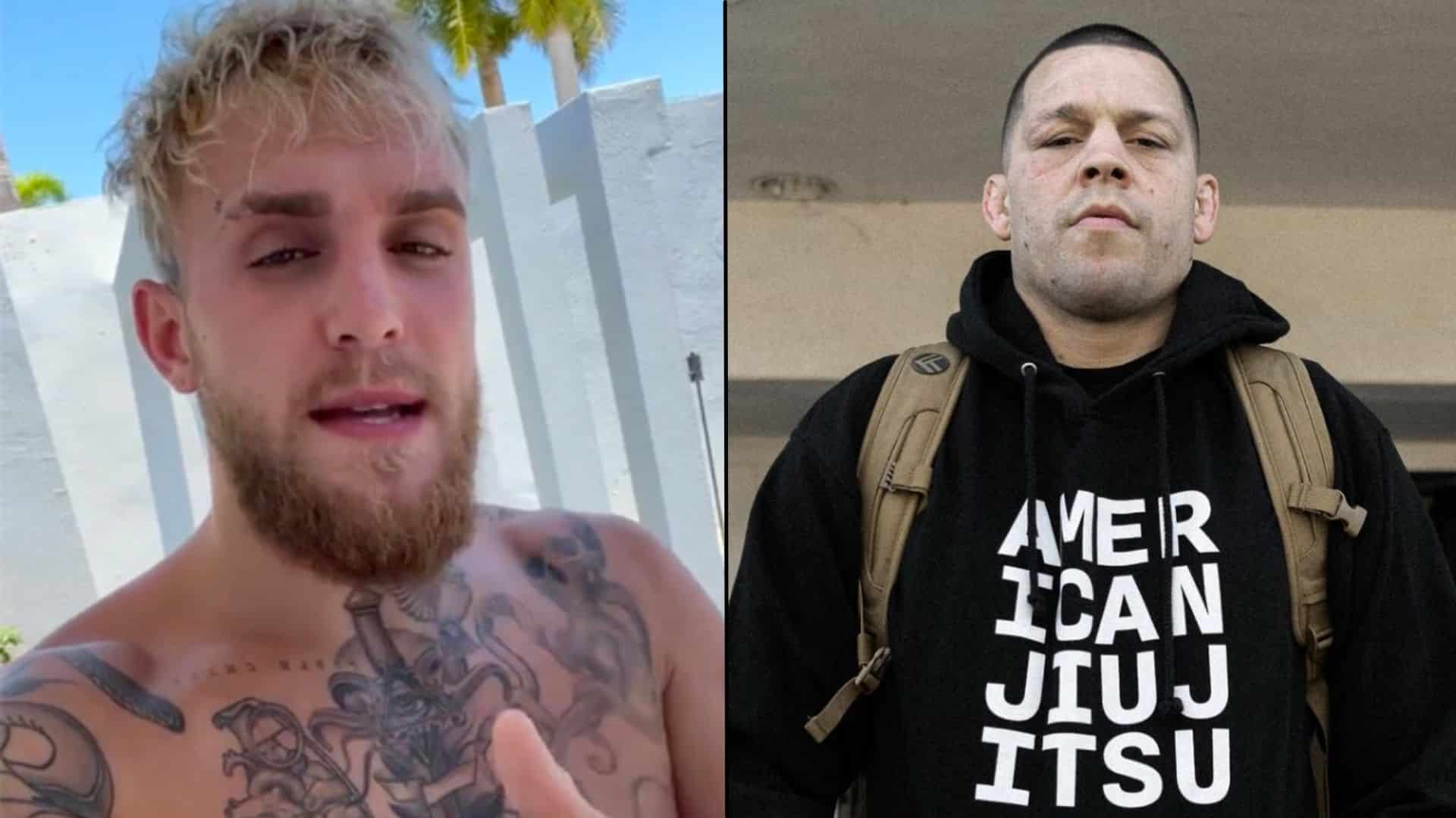 Jake Paul and Nate Diaz side by side talking to camera