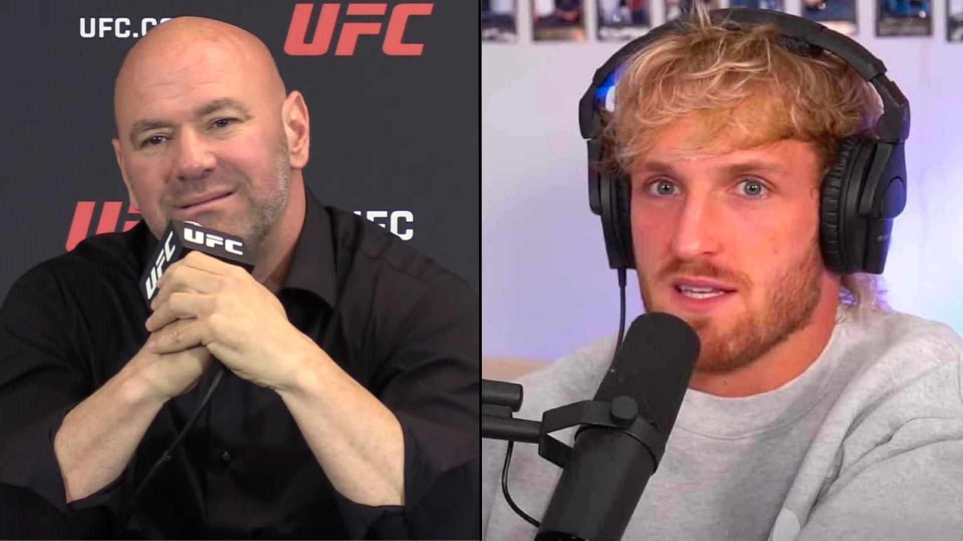 Dana White and Logan Paul talking into microphones