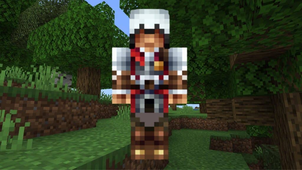 Ezio Skin in front of Minecraft trees