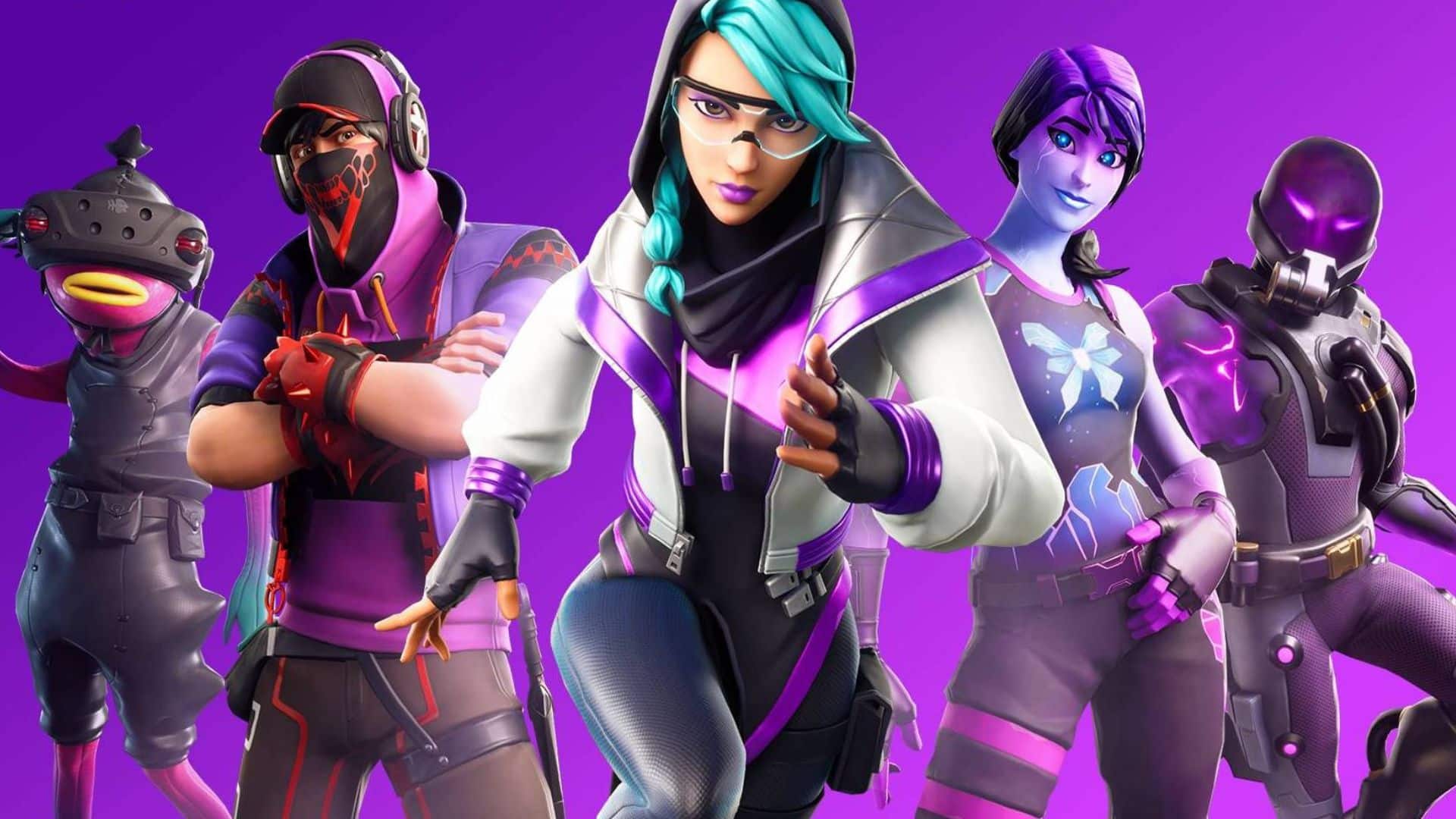 Fortnite characters posing behind a purple background