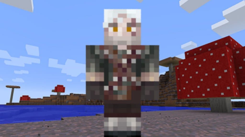 Geralt of Rivia Minecraft skin in front of a mushroom biome