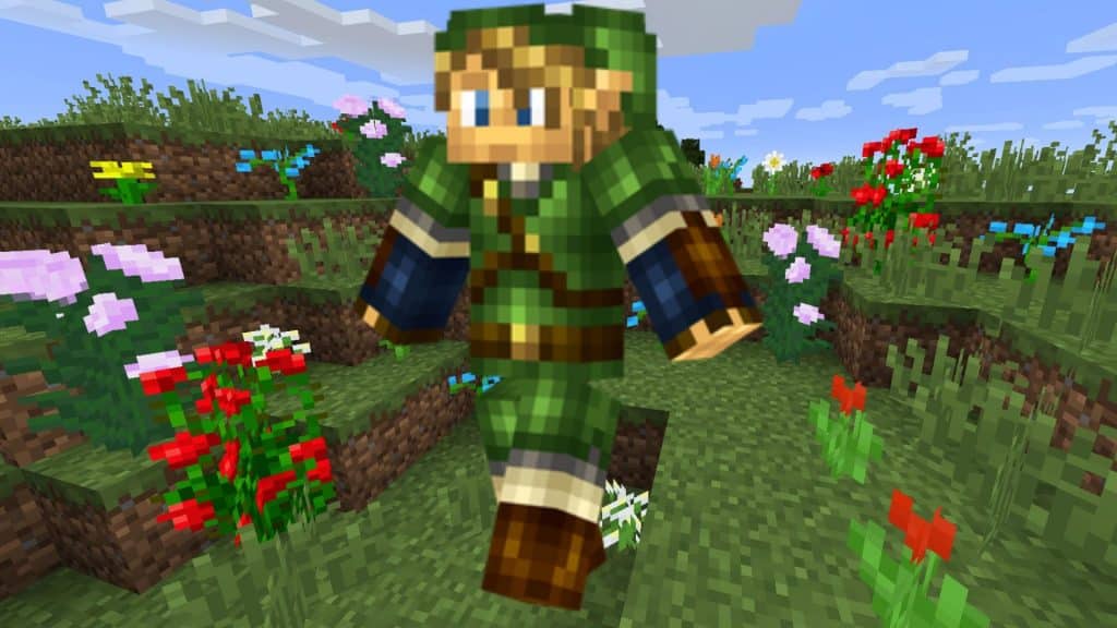 Link Minecraft skin in front of a flower forest