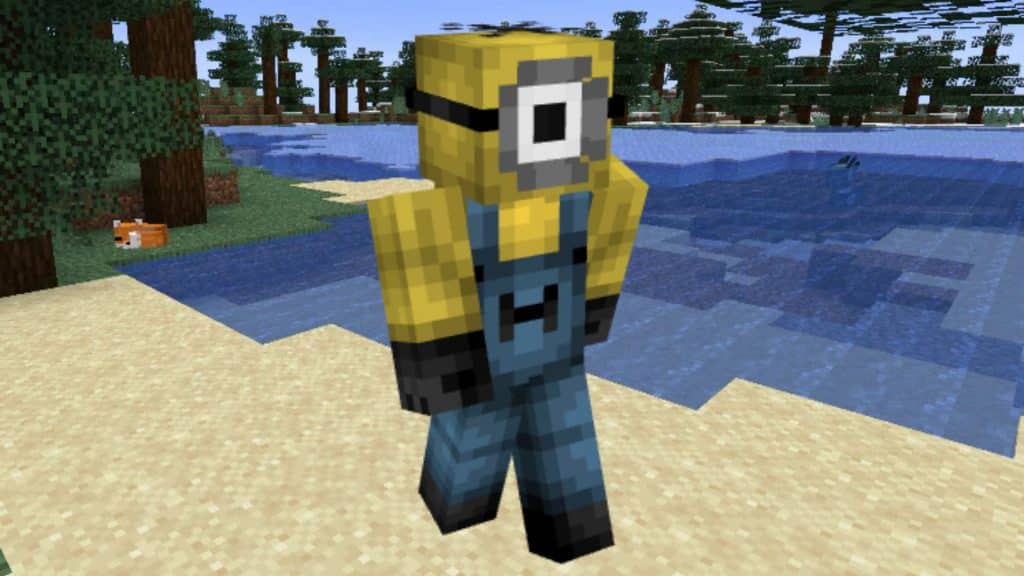 Minion minecraft skin in front of a small beach