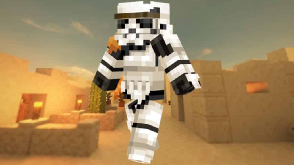 Sandtrooper skin in front of a desert village