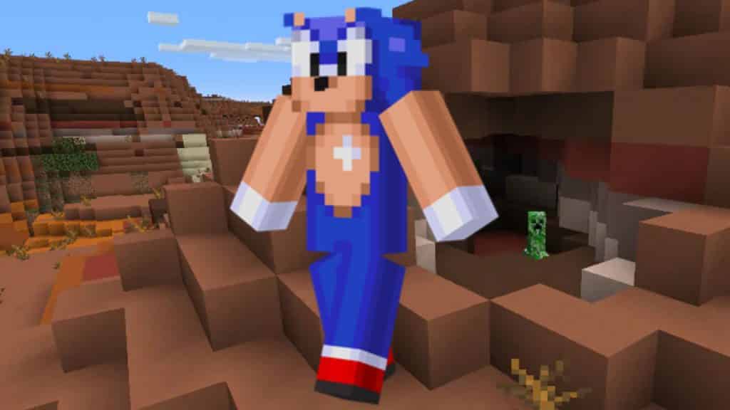 Sonic Minecraft skin in front of the mesa cave