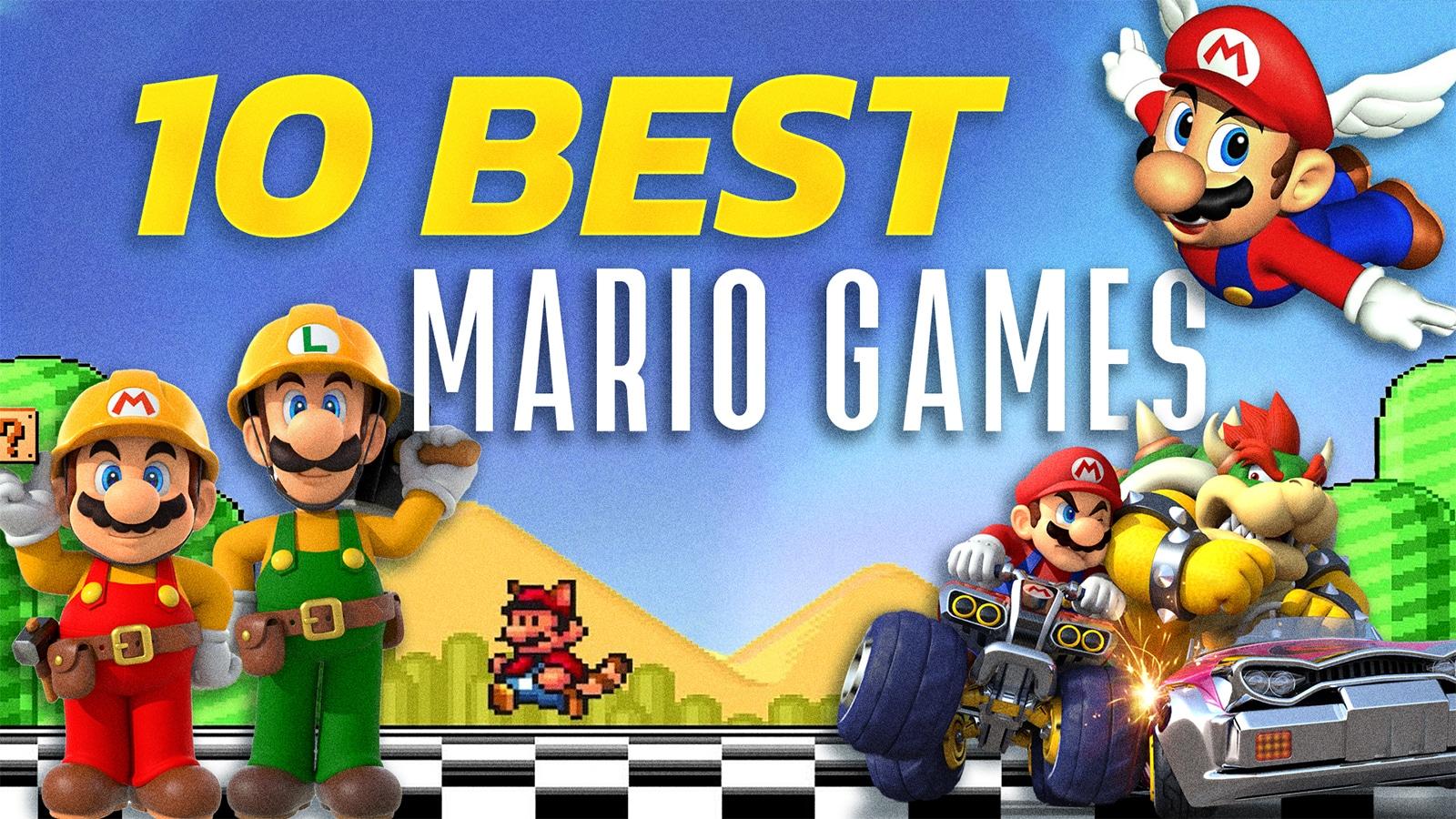 A collage of some of the best Mario games like Kart and 64
