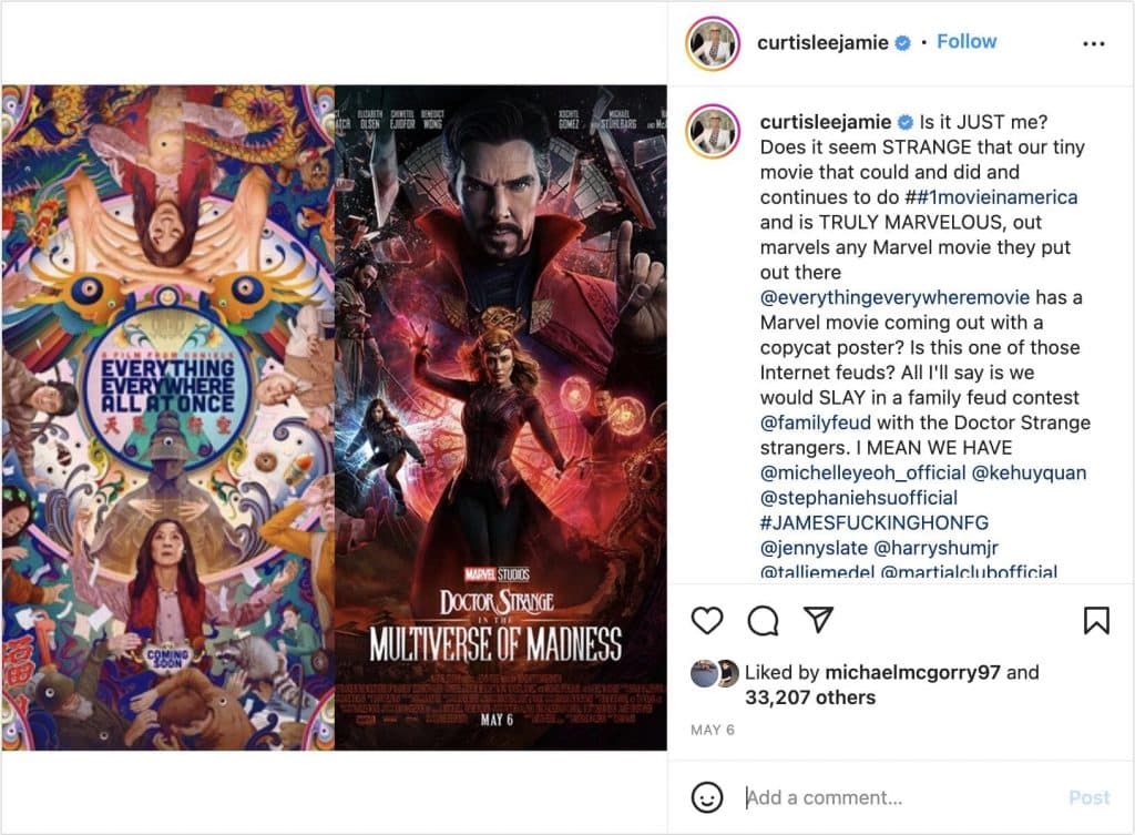 A screenshot of Jamie Lee Curtis' Marvel Instagram post