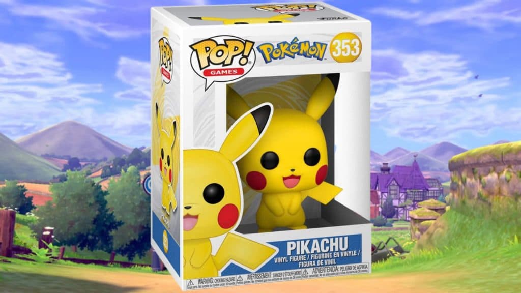 Pikachu Funko Pop in front of a Pokemon background