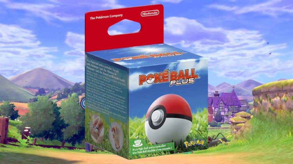 Pokeball plus in front of a Pokemon background
