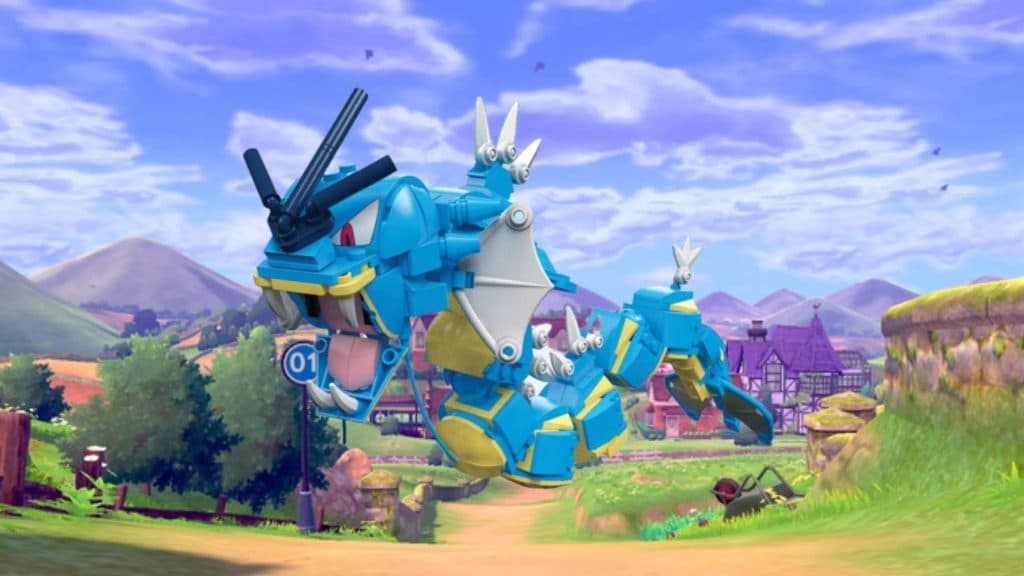 Mega Construct Pokemon in front of a pokemon landscape