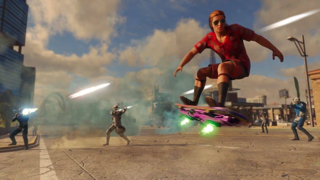 player riding hoverboard in saints row reboot