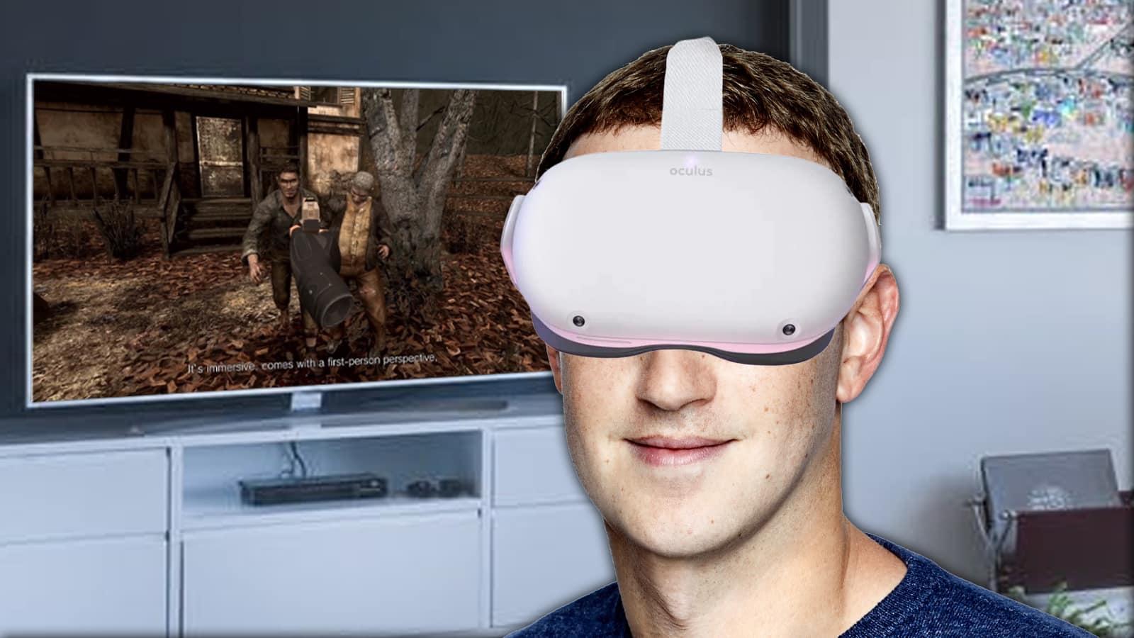 Mark Zuckerberg wearing an Oculus Quest while Resident Evil 4 VR plays in the background.