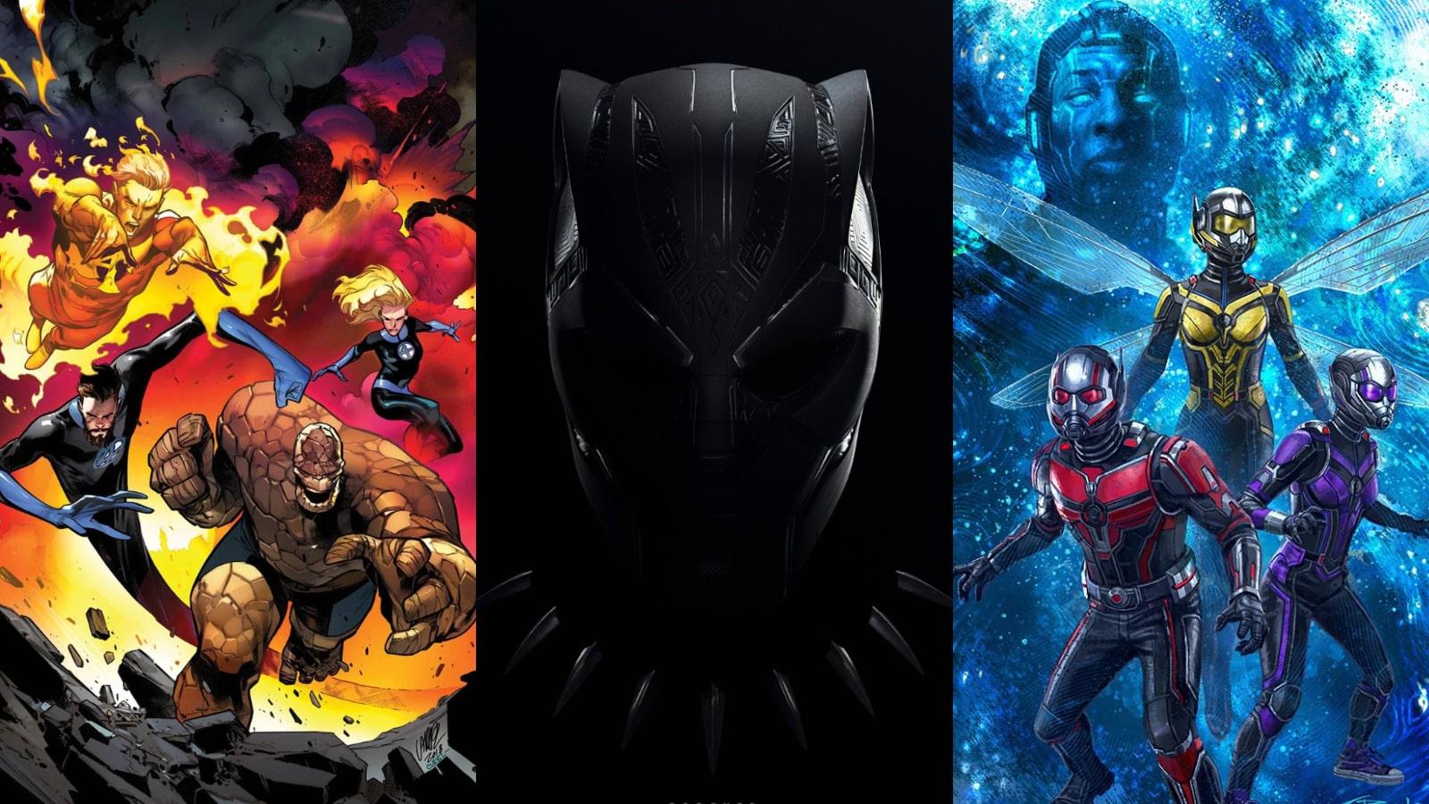 An image of the Fantastic Four comics, Black Panther: Wakanda Forever's poster and the first look at Kang the Conqueror in Ant-Man and the Wasp: Quauntumania
