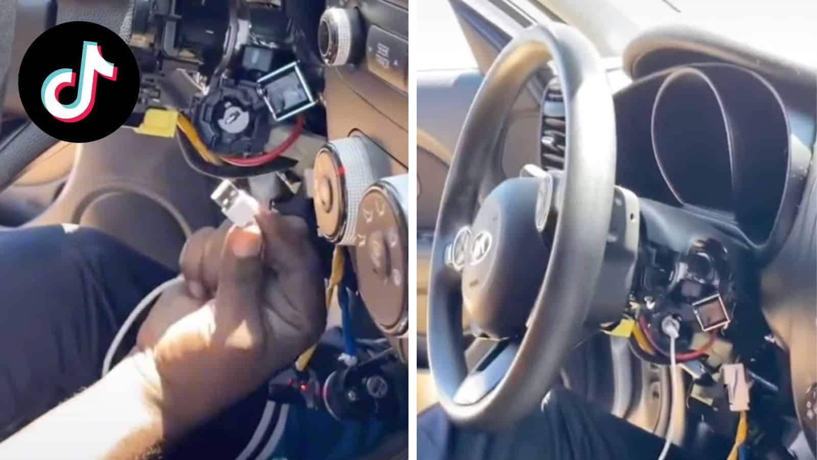 Man attempting top start Kia car by inserting USB cable.