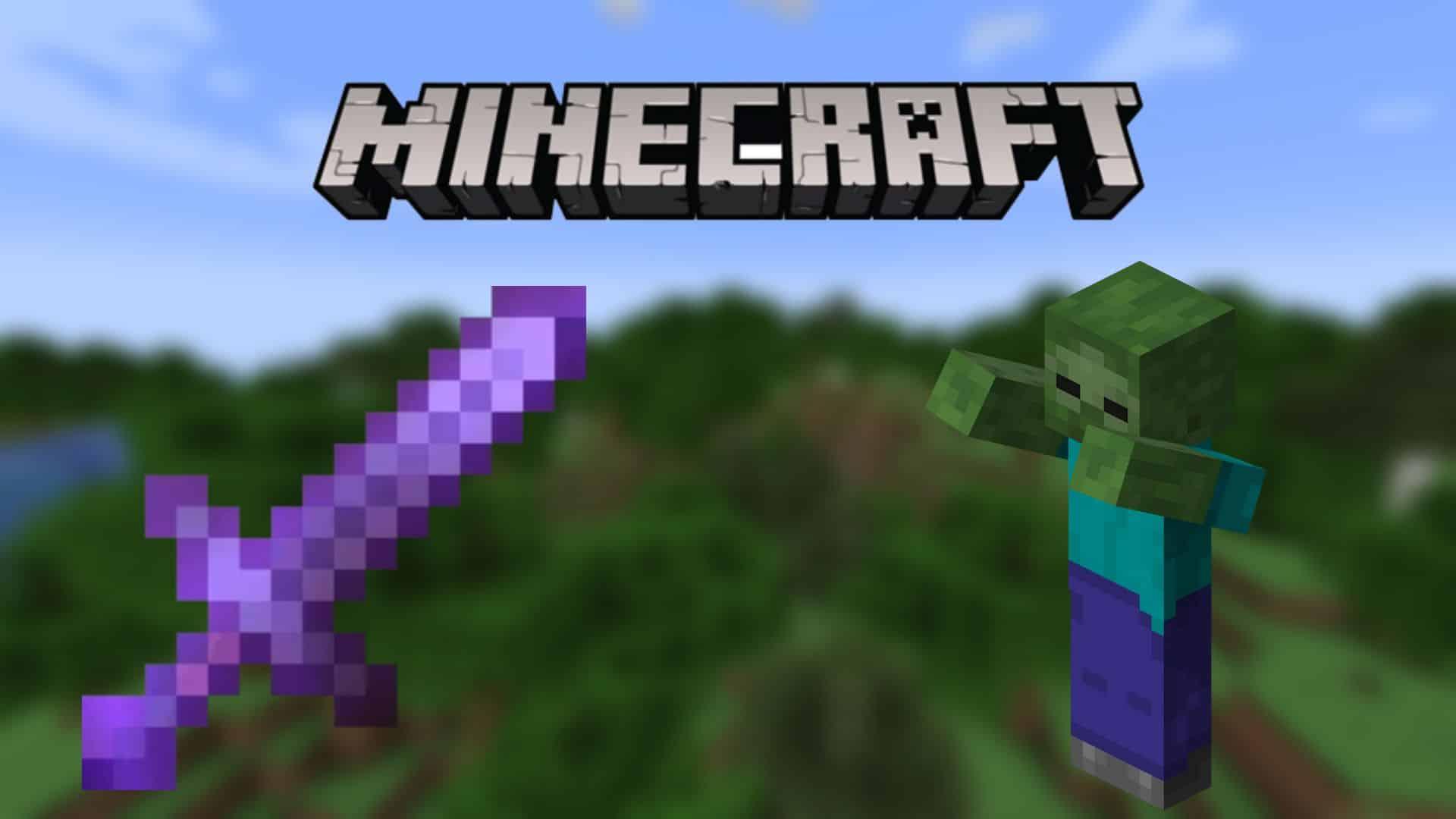 Enchanted sword and a Zombie in front of a Minecraft background