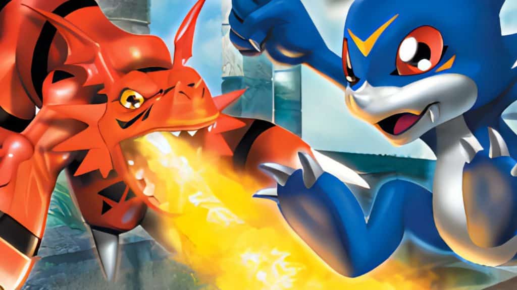 An image of Veemon and Guilmon fighting as featured in Rumble Arena.