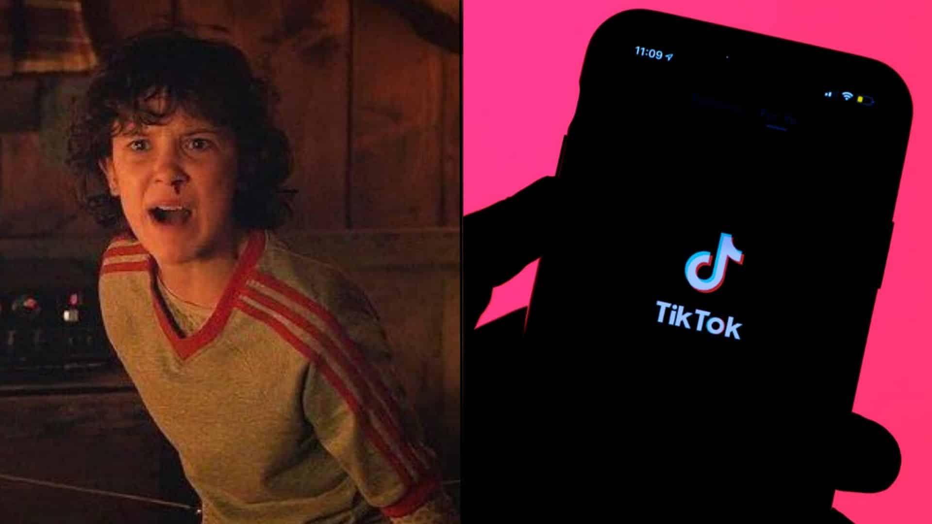 11 in Stranger Things shouting next to TikTok logo