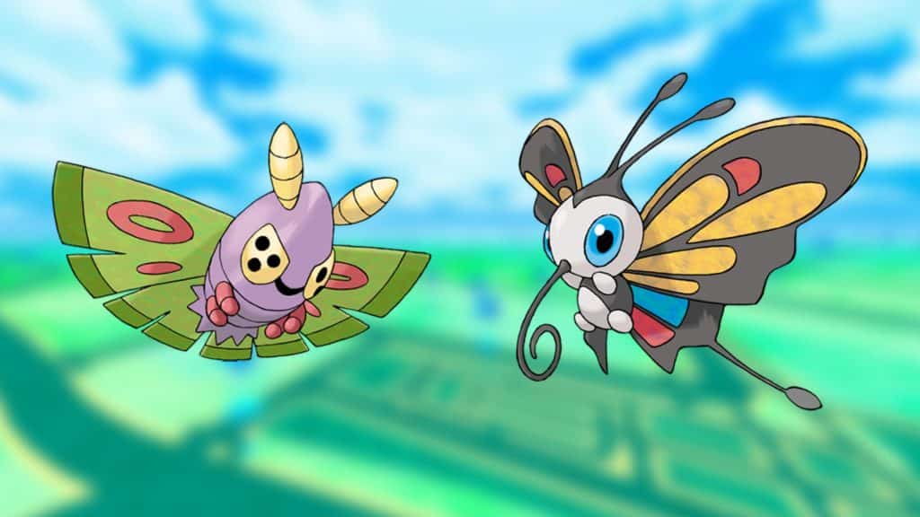 Beautifly and Dustox over a Pokemon Go background