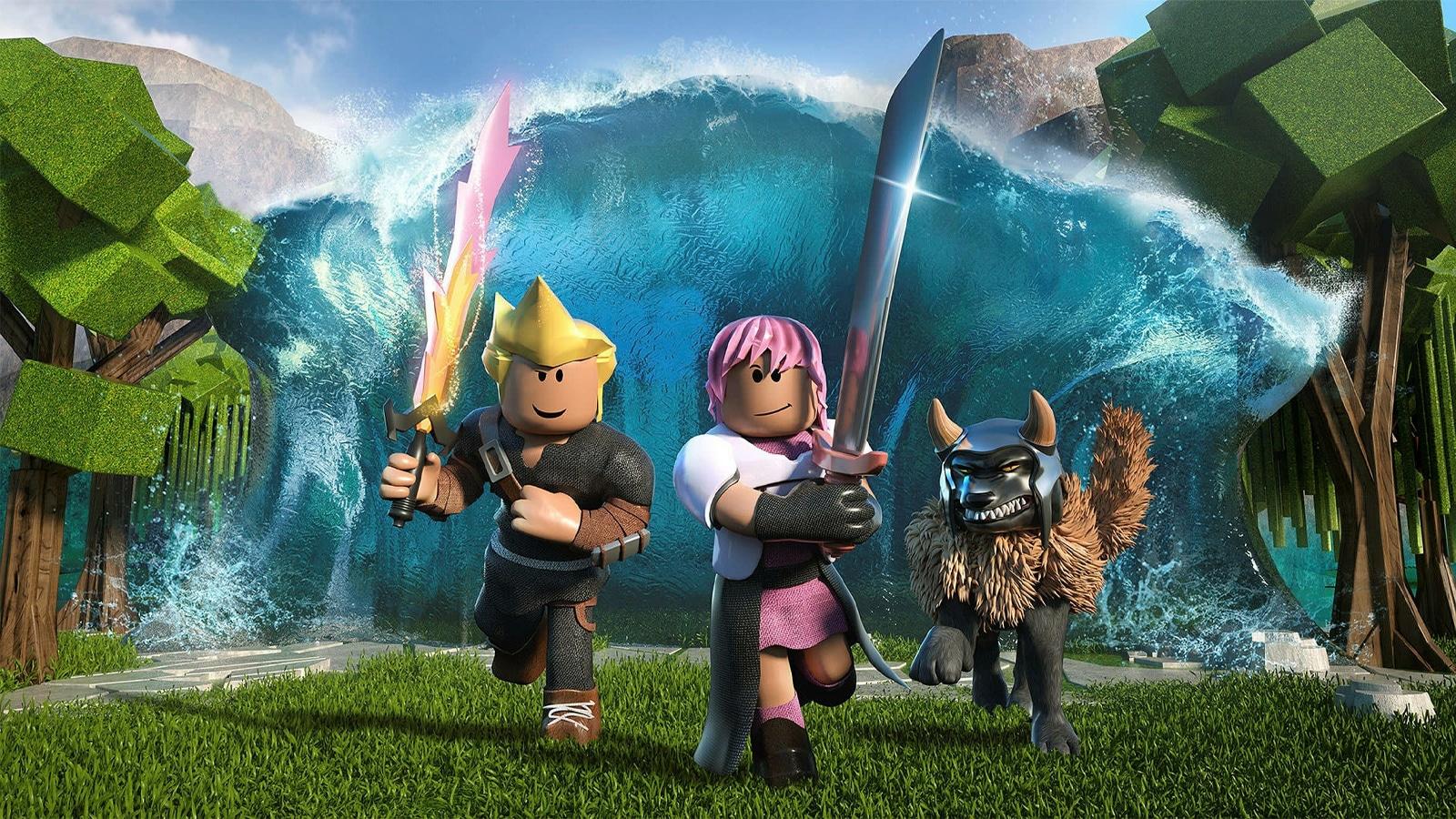 Roblox keyart with two characters holding swords