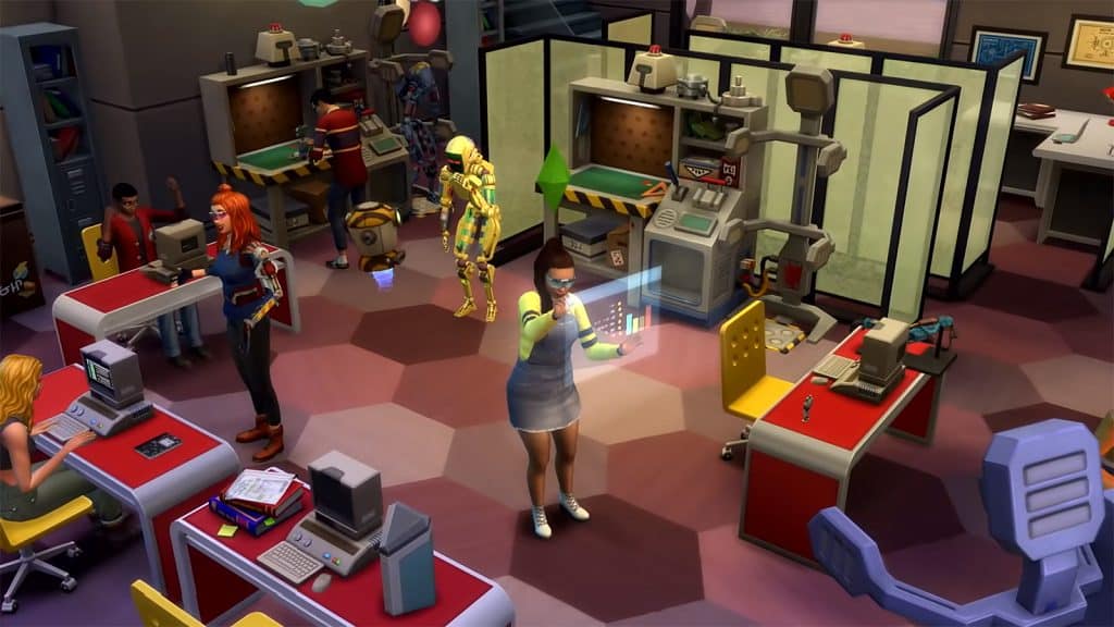 An image of a Sim in the Discover University Expansion Pack trailer with robots in The Sims 4