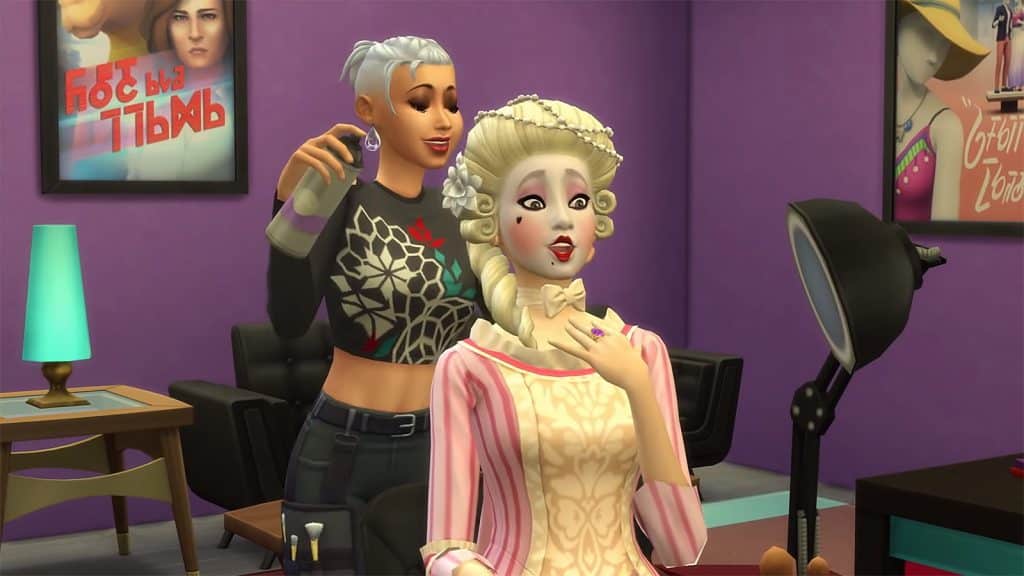 An image of a actor Sim getting their hair and makeup done in the Get Famous expansion trailer