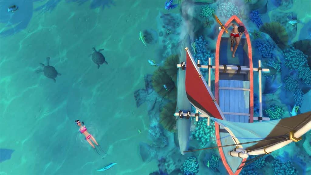 A sim floating in the ocean and another on a canoe
