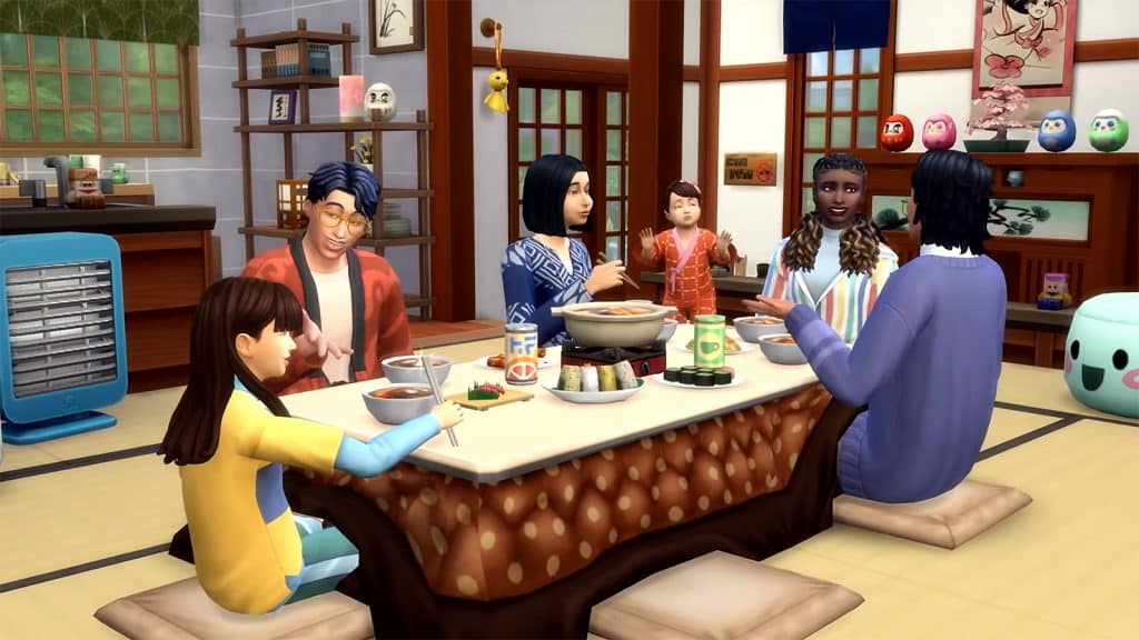 A group of Sims dining together in Snowy Escape