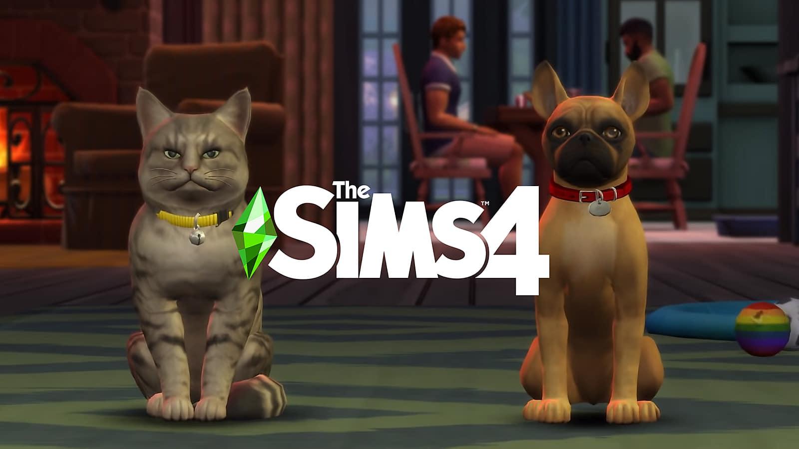 A cat and a dog from The Sims 4 Expansion Pack sitting next to one another with the game's logo in the center