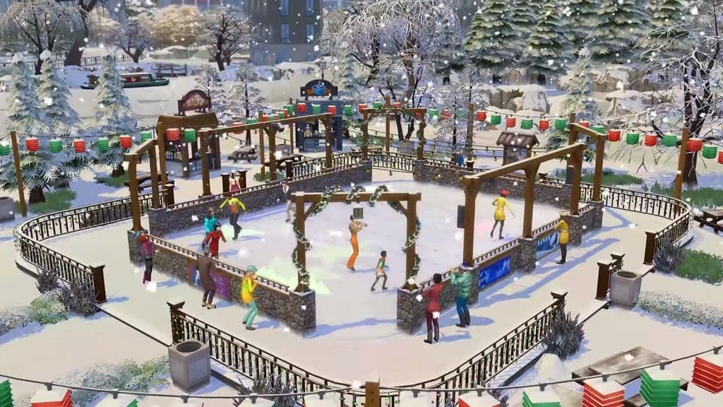 A screenshot from The Sims 4 Seasons trailer with Sims on an ice skating rink