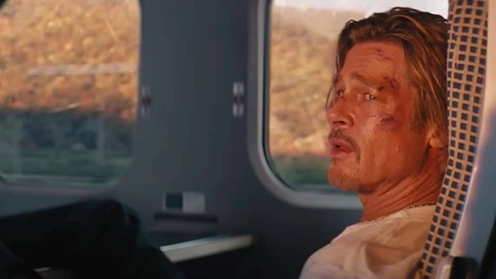 Brad Pitt looking bruised and bloody in Bullet Train