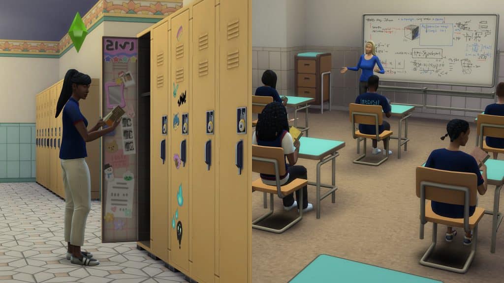 A sim at their locker and a classroom in Copperdale High School in The Sims 4