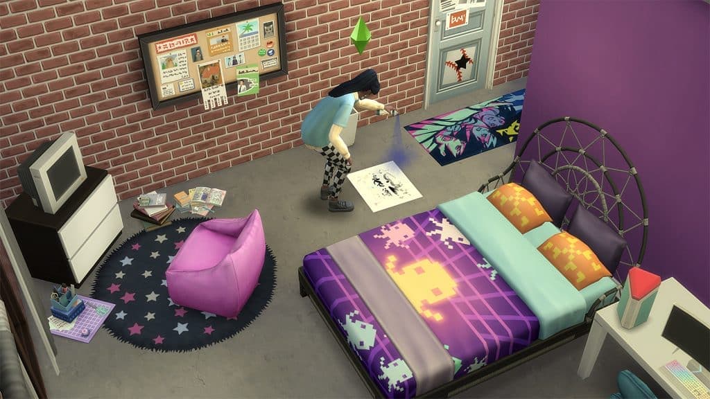 A Sim's bedroom in High School Years, complete with a promposal sign being made