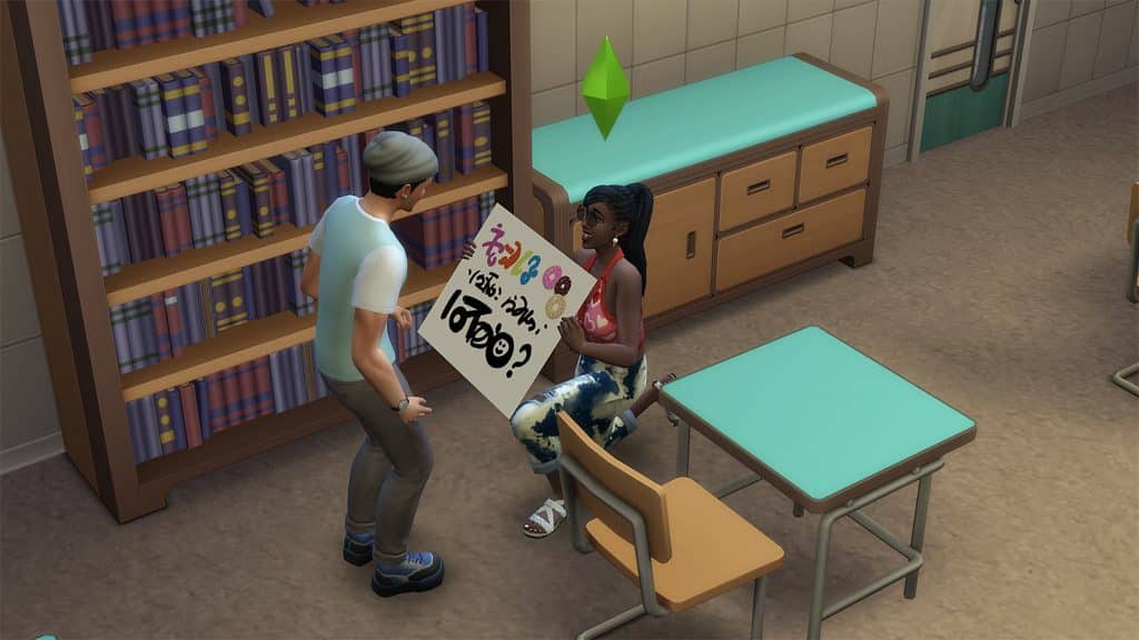 A Sim using a promposal sign in High School Years