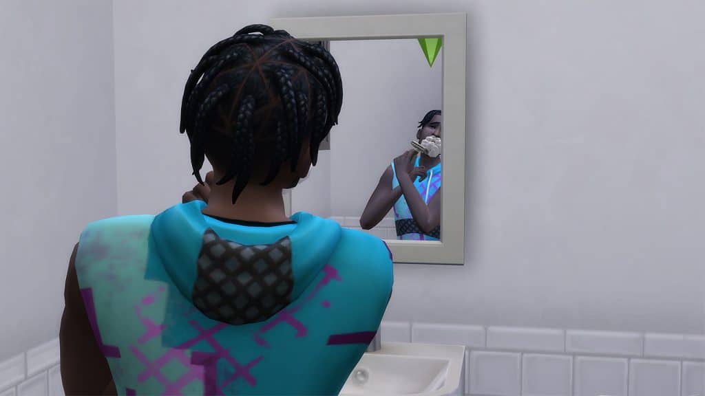 A Sim shaving in The Sims 4