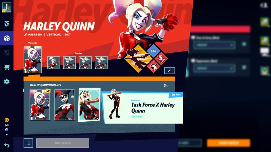 Multiversus screenshot showing Harley Quinn's cosmetics