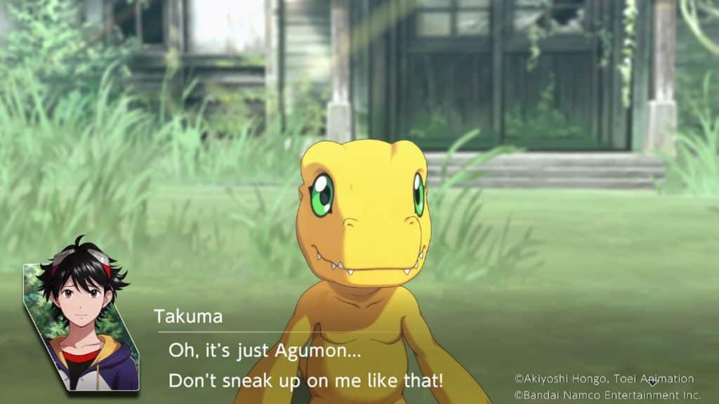 A screenshot from the visual novel gameplay of Digimon Survive, featuring Takuma talking to Agumon.