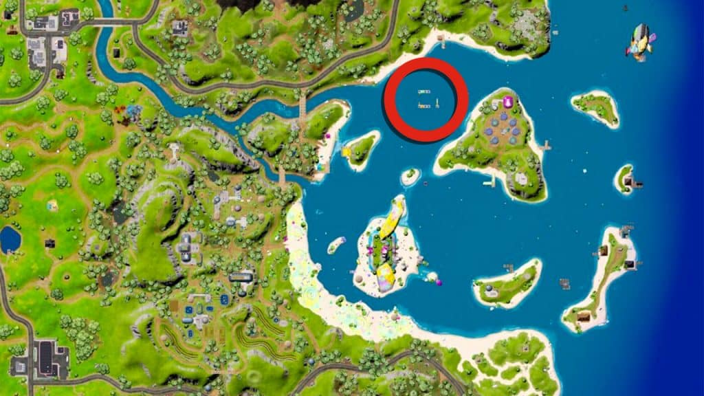 A Fortnite map with large sea buoys and motorboats on it