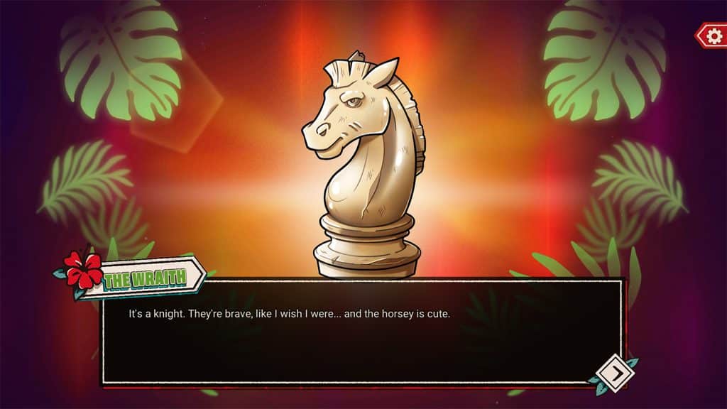 An image of a horse-shaped Knight chess piece with a background of tropical leaves