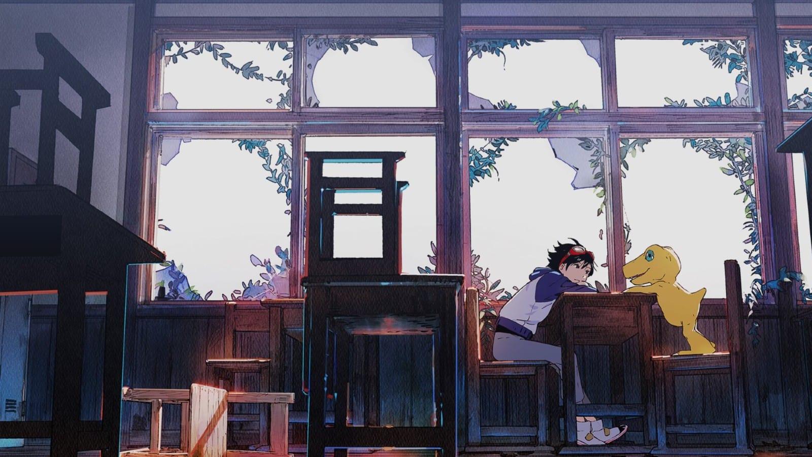 A screenshot from the Digimon Survive title screen, featuring Takuma and Agumon.