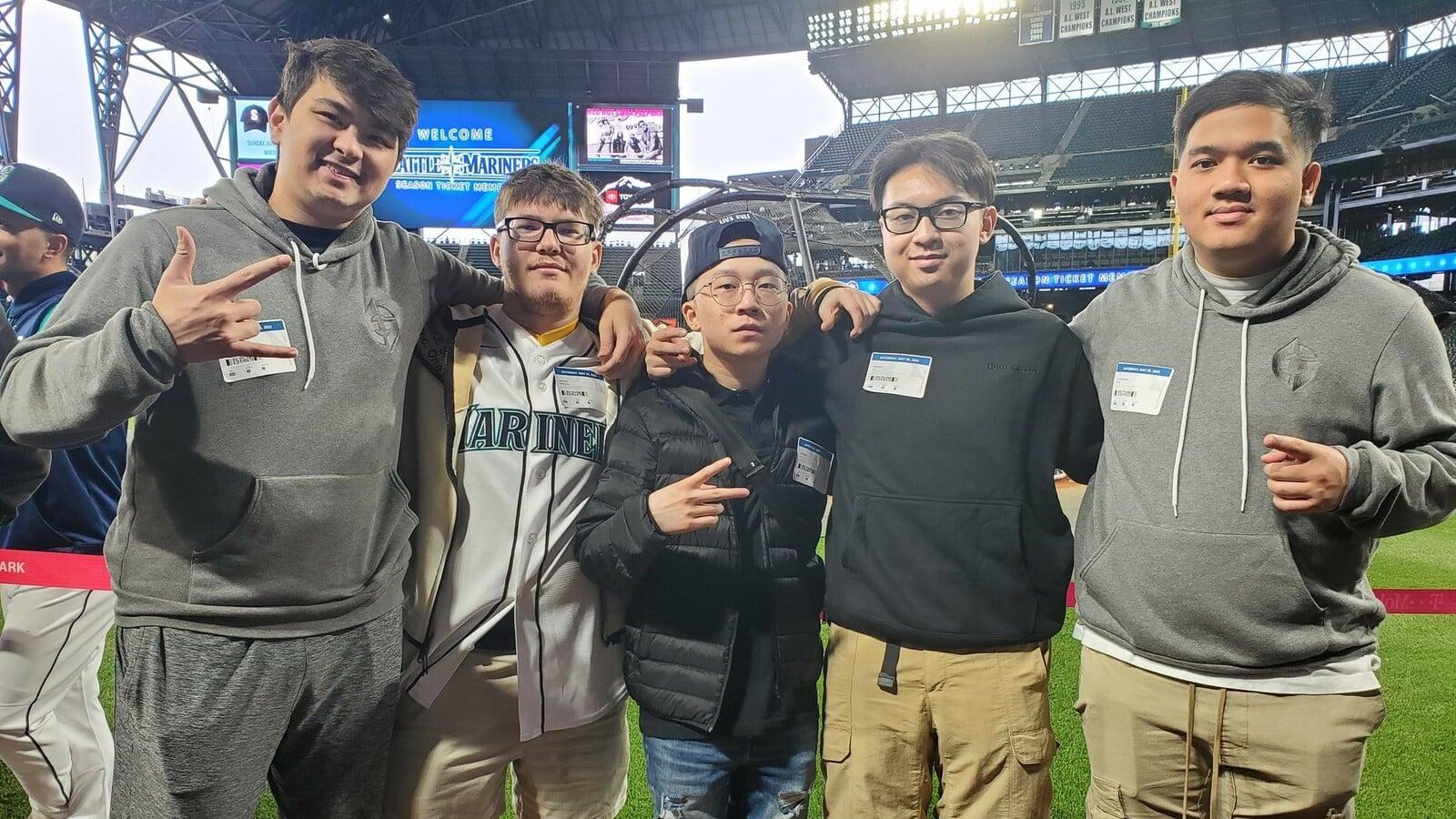 Evil Geniuses Valorant team on the Seattle Mariners field before VCT began.
