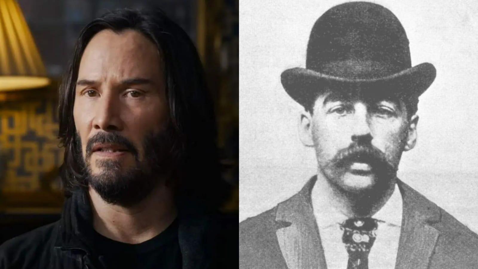Keanu Reeves in The Matrix Resurrections and a mugshot of H.H. Holmes, the serial killer at the heart of The Devil in the White City