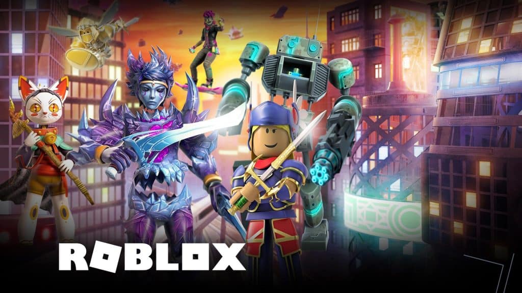 Roblox characters in front of a city background