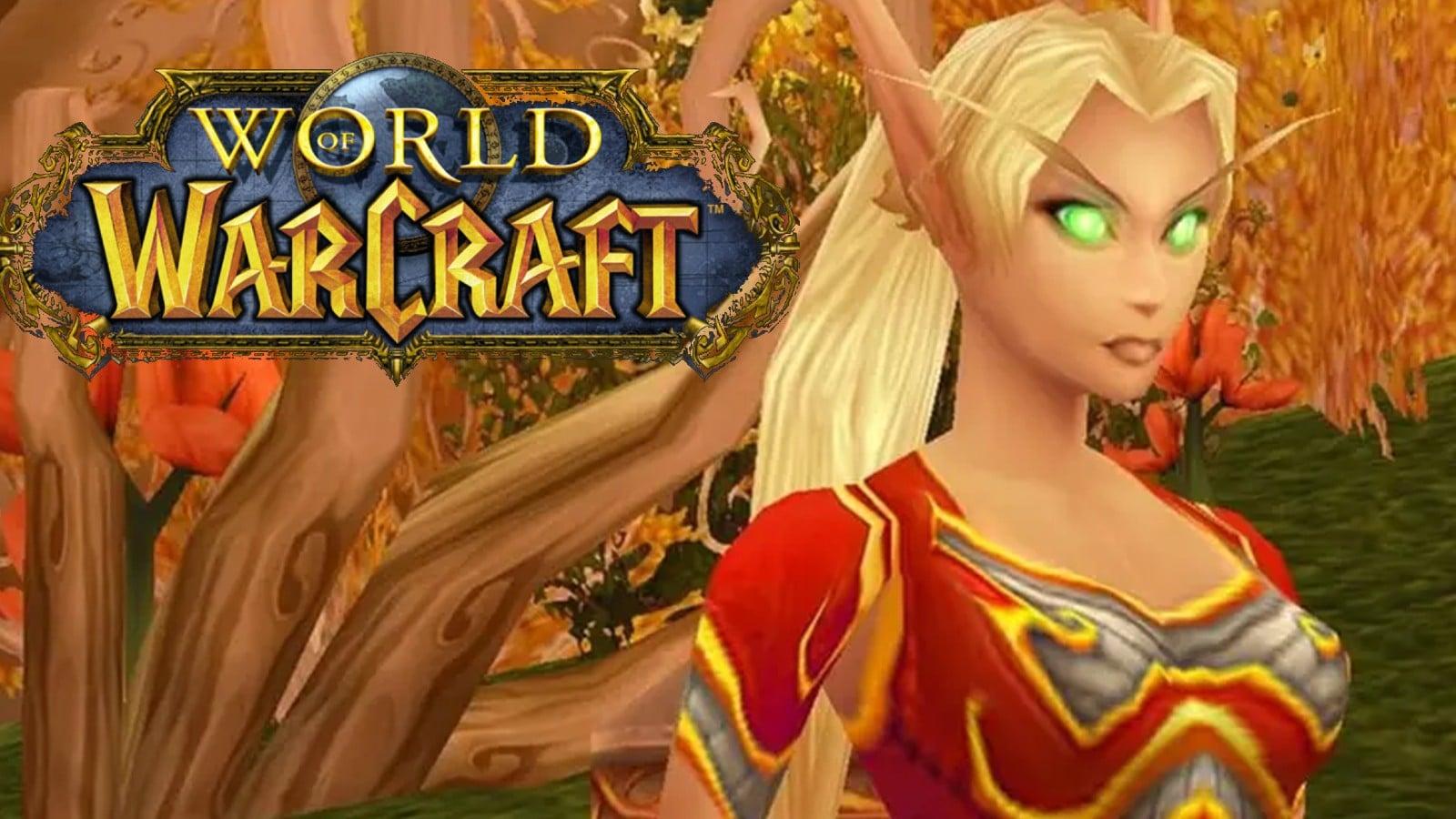Blood elf in WoW with game logo