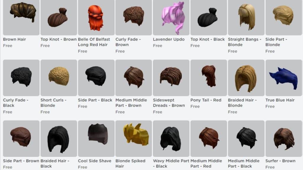 A selection of hair in Roblox