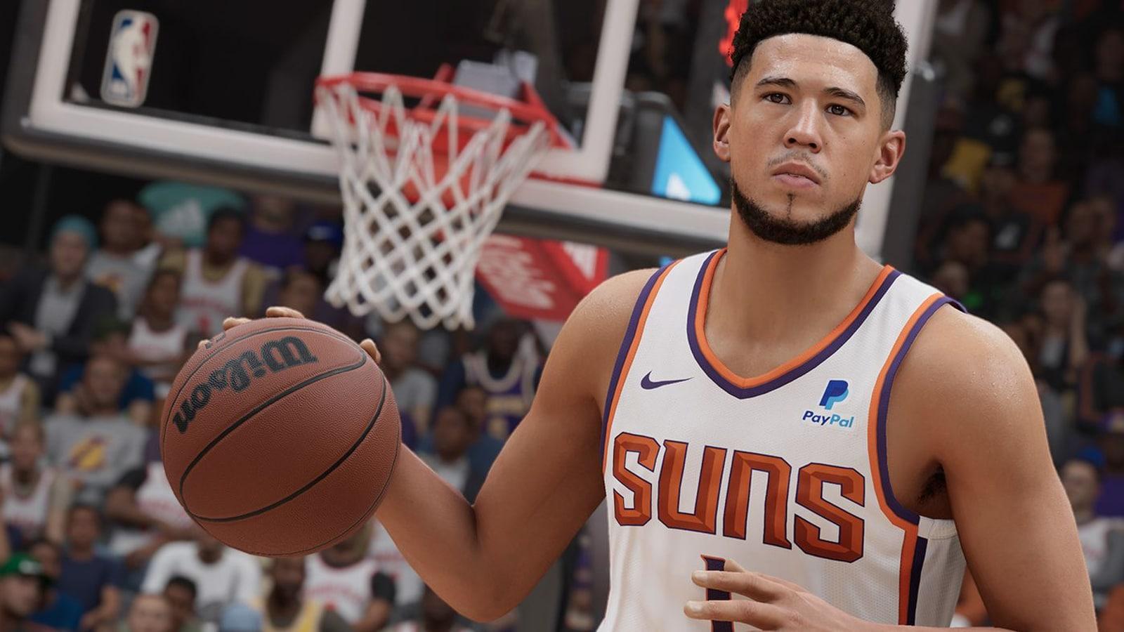 Devin Booker of the Phoenix Suns dribbling a ball in NBA 2K23