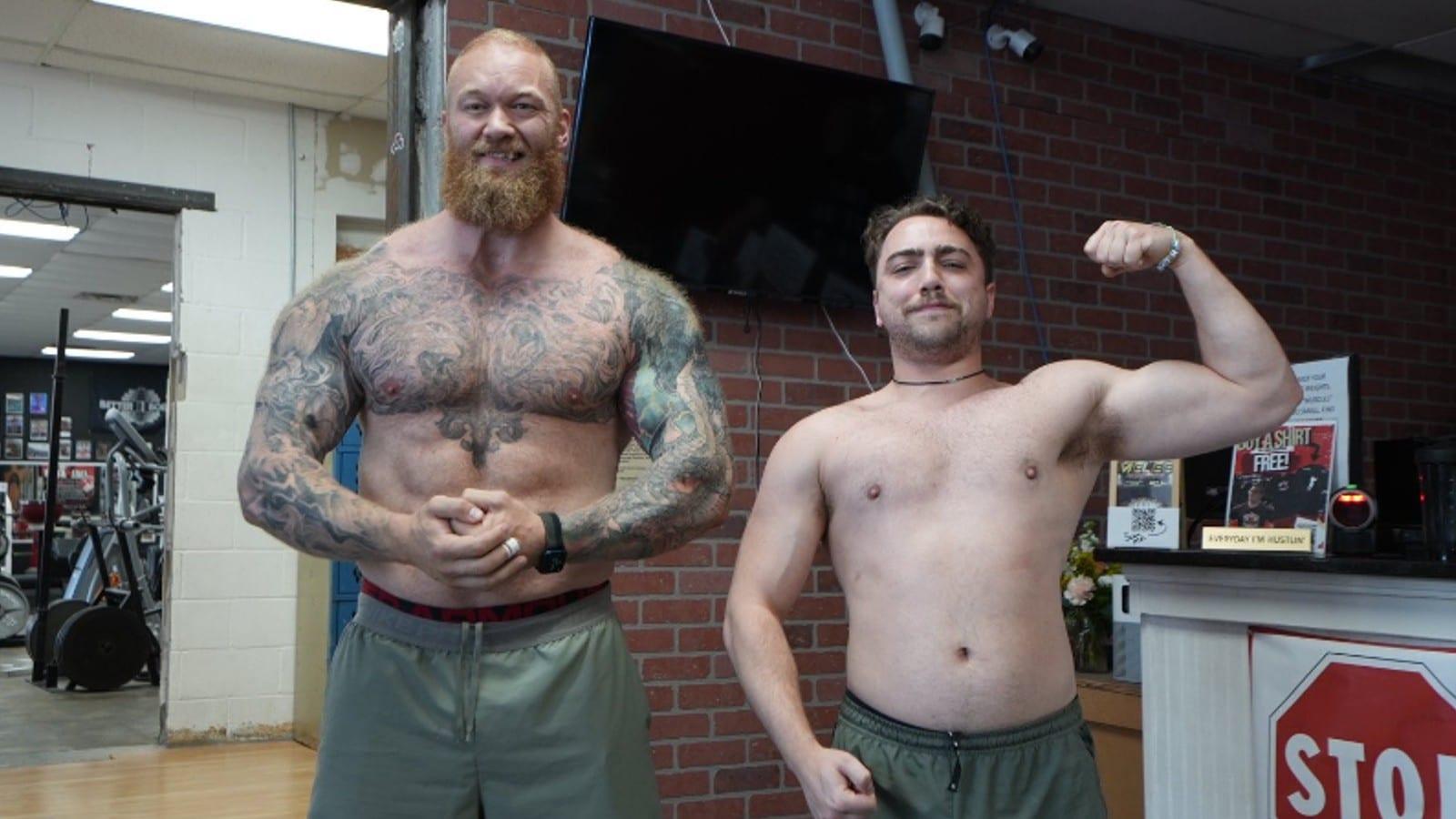 Mizkif and The Mountain flex in the gym during Camp Knut