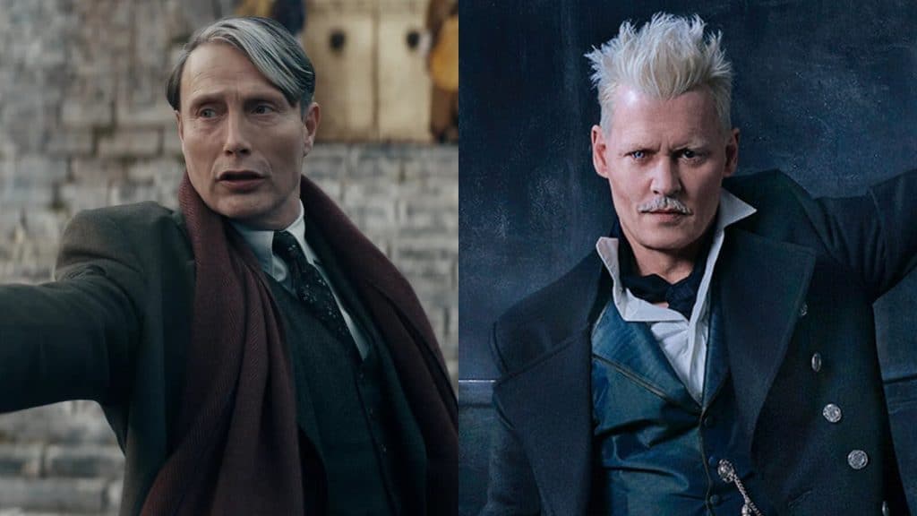 Mads Mikkelsen and Johnny Depp as Grindelwald in the Fantastic Beasts movies.